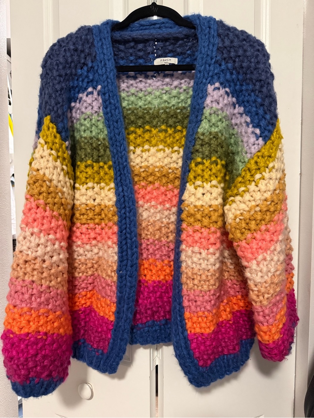 Anthropologie Multicolor Chunky Striped Open Cardigan with Blue Trim